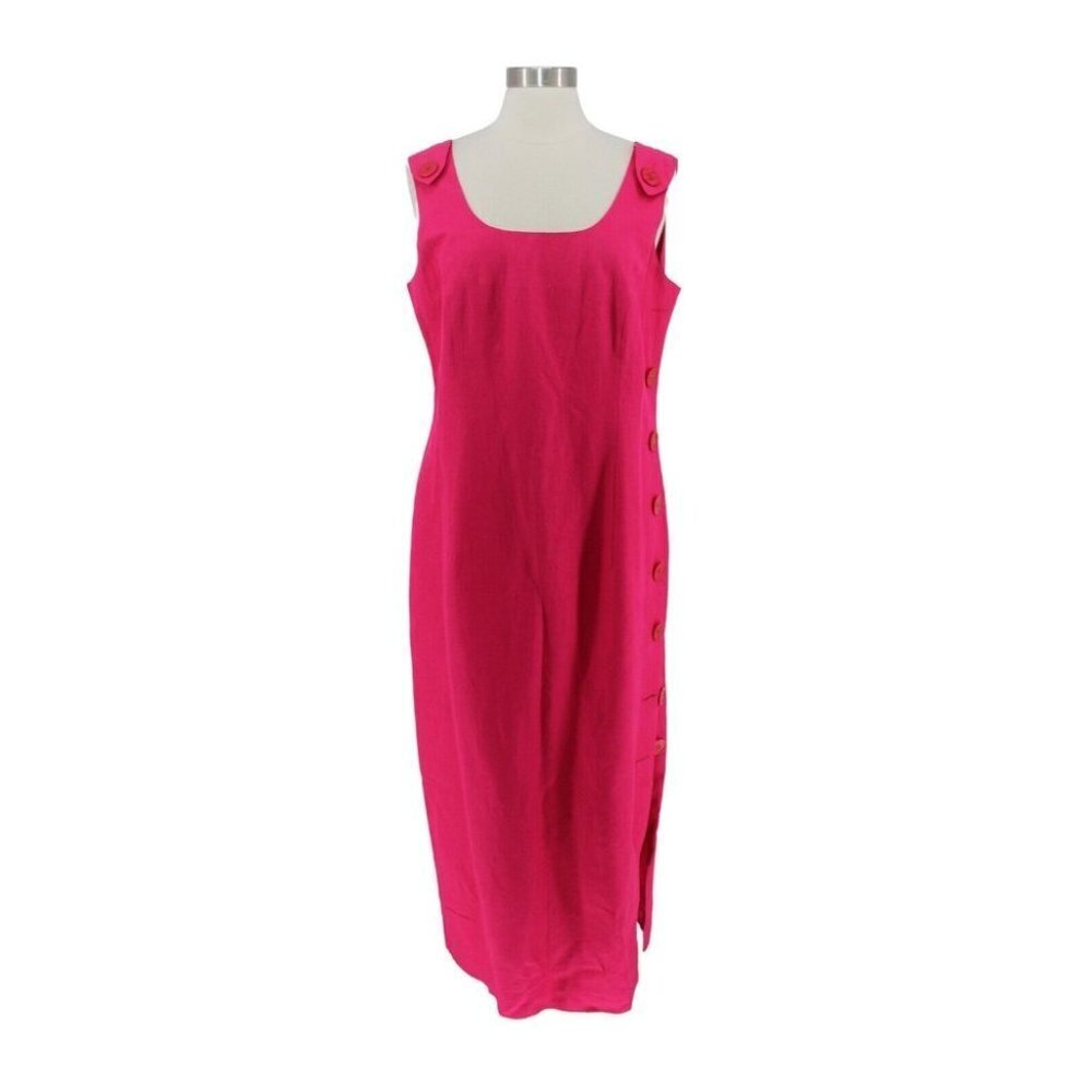 Vintage 80s Casual Corner Pink Linen Button Side Sleeveless Maxi Dress Size 14